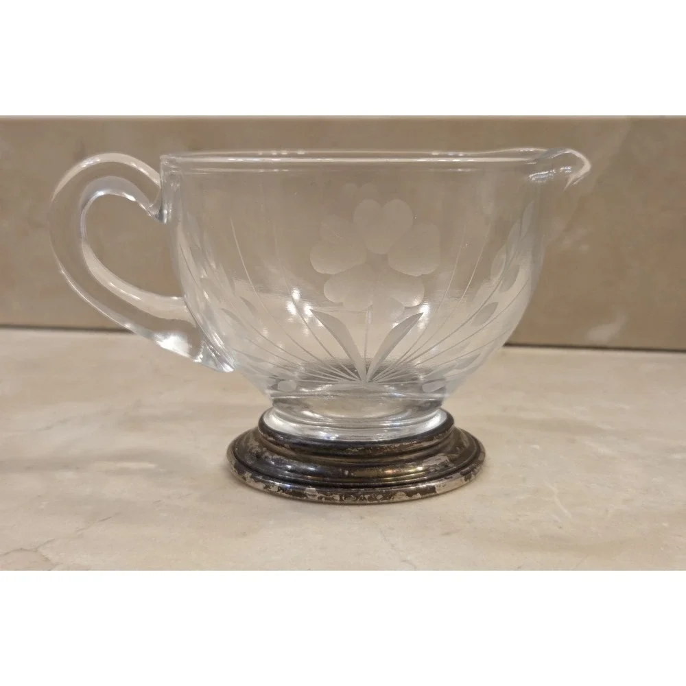 1920s Sterling Silver & Etched Glass Frank Whiting‎ Co Cream Pitcher Hand Blown